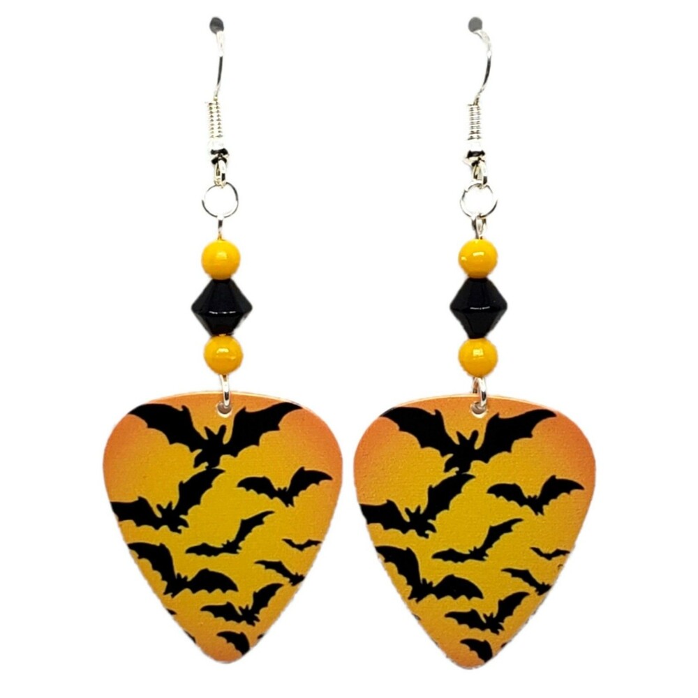 Scary Halloween BATS on Guitar Pick Beaded Earrings - Handmade in USA New